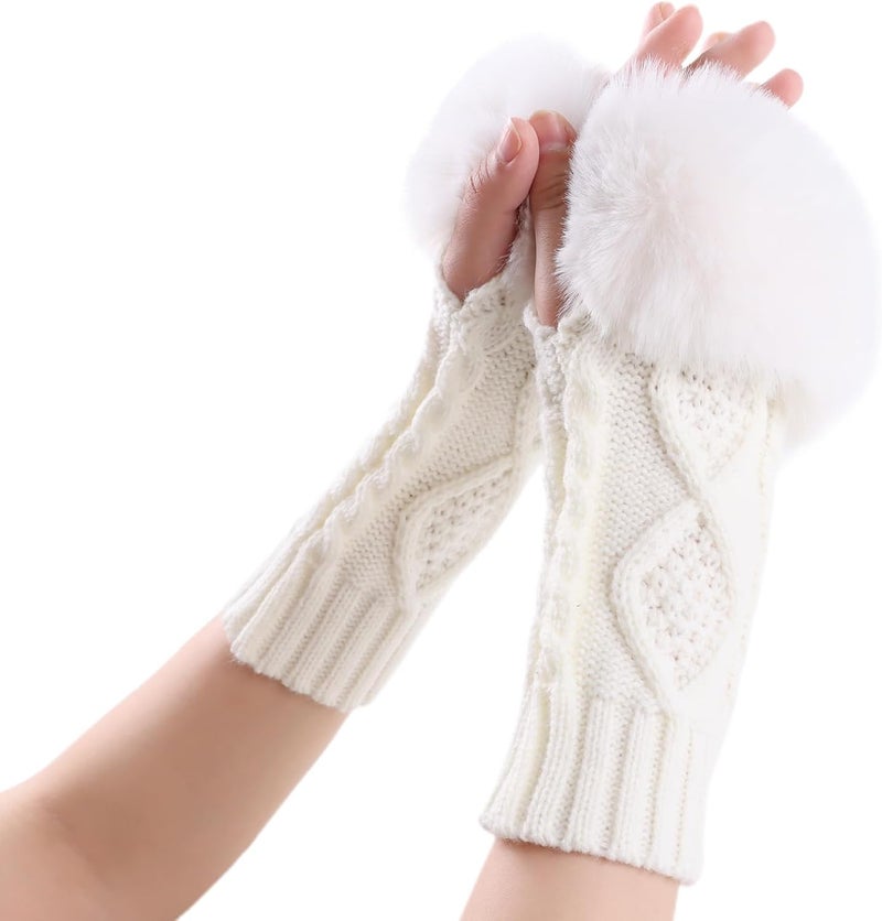 Pesaat Knit Arm Warmers Faux Fur Fingerless Gloves for Women Winter Wrist Warmers with Thumb Hole - Image 1